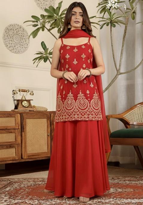Red Embroidered Crepe Sharara Set