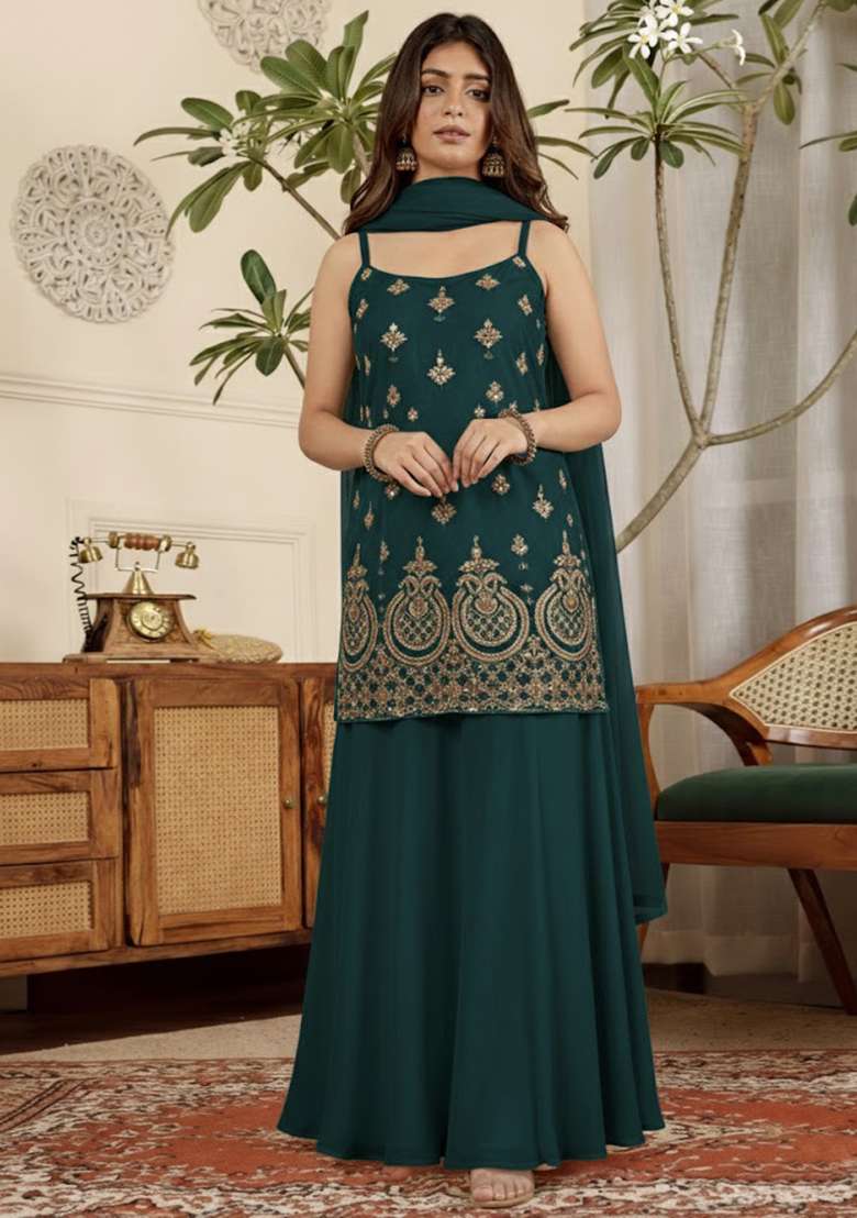 Teal Embroidered Crepe Sharara Set - Indya