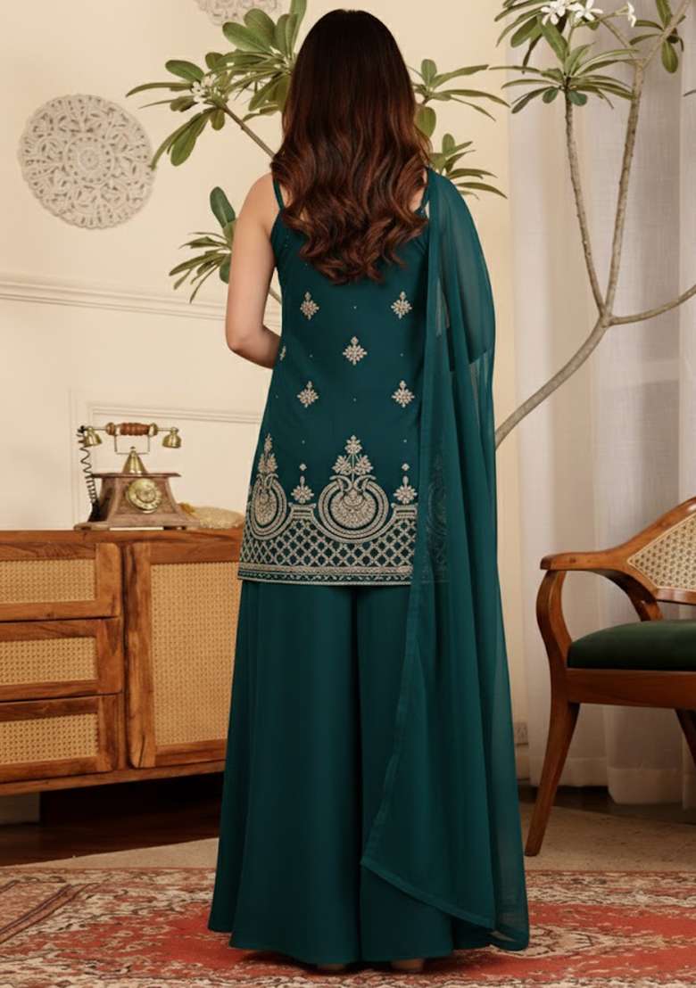 Teal Embroidered Crepe Sharara Set - Indya