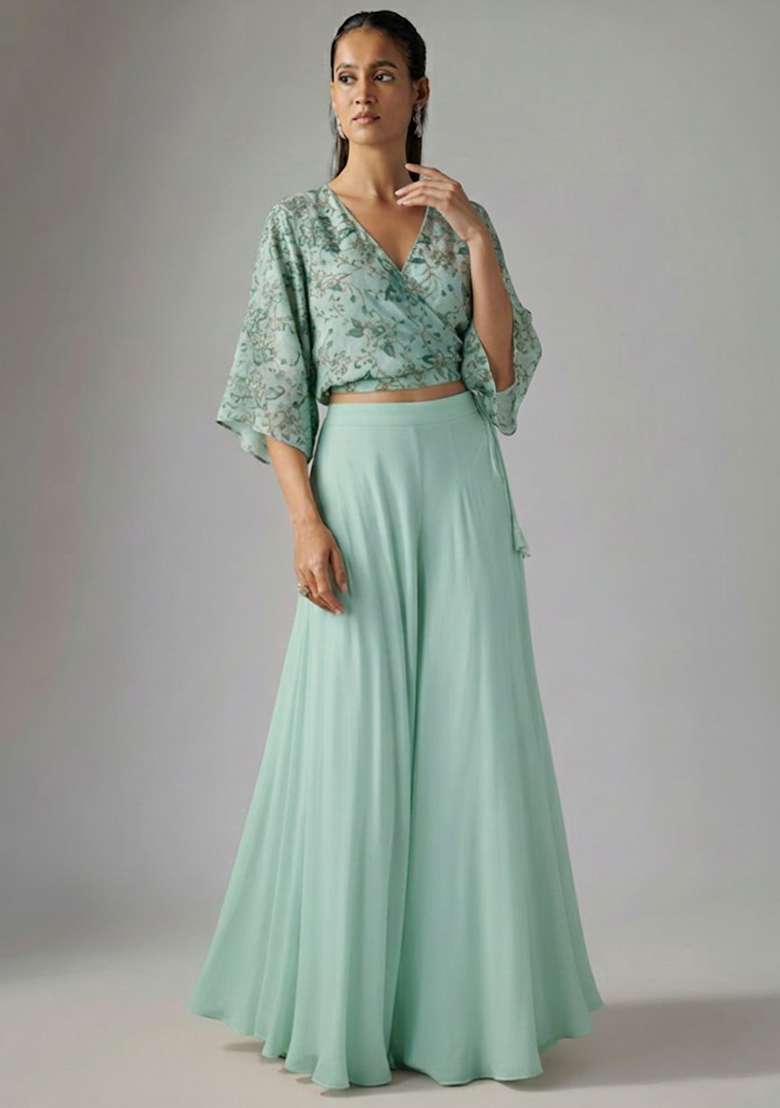 Mint Green Embroidered Crepe Fusion Set - Indya