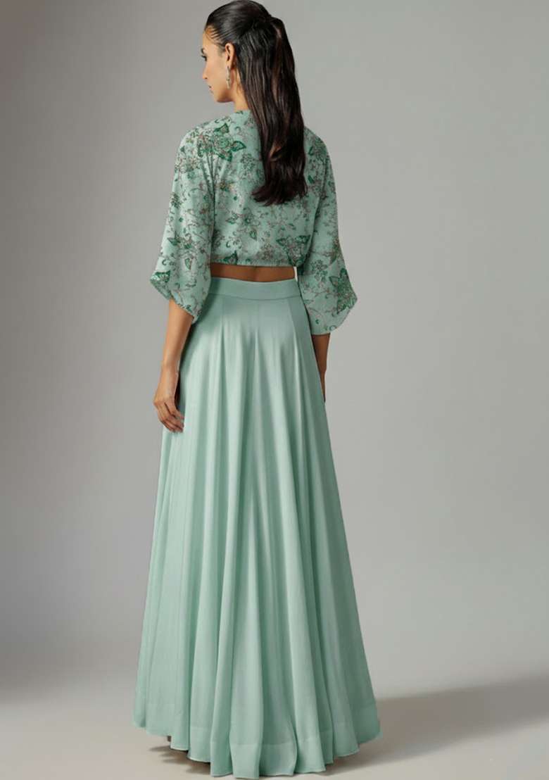 Mint Green Embroidered Crepe Fusion Set - Indya