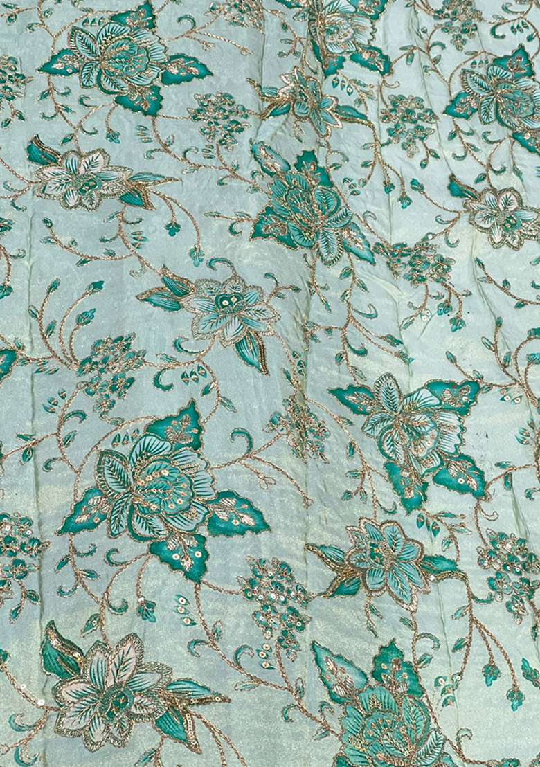 Mint Green Embroidered Crepe Fusion Set - Indya