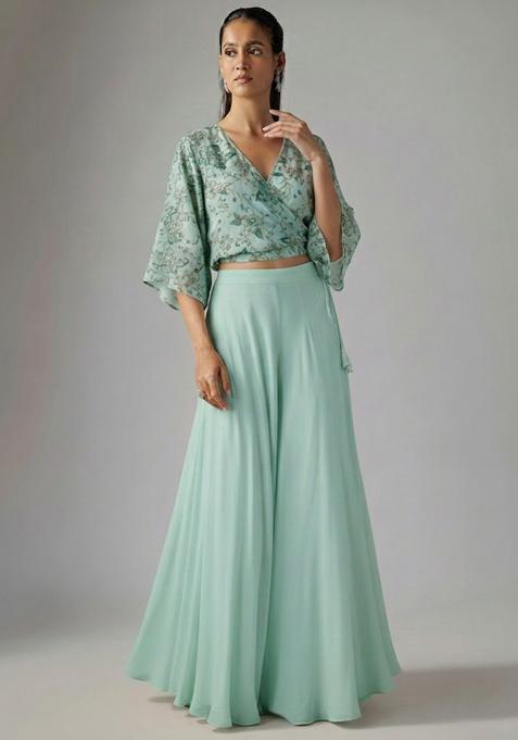 Mint Green Embroidered Crepe Fusion Set