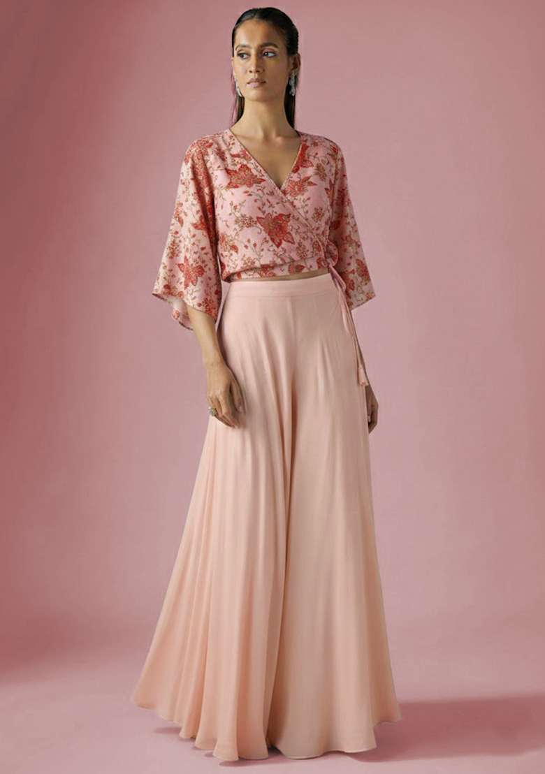Soft Peach Embroidered Crepe Fusion Set - Indya