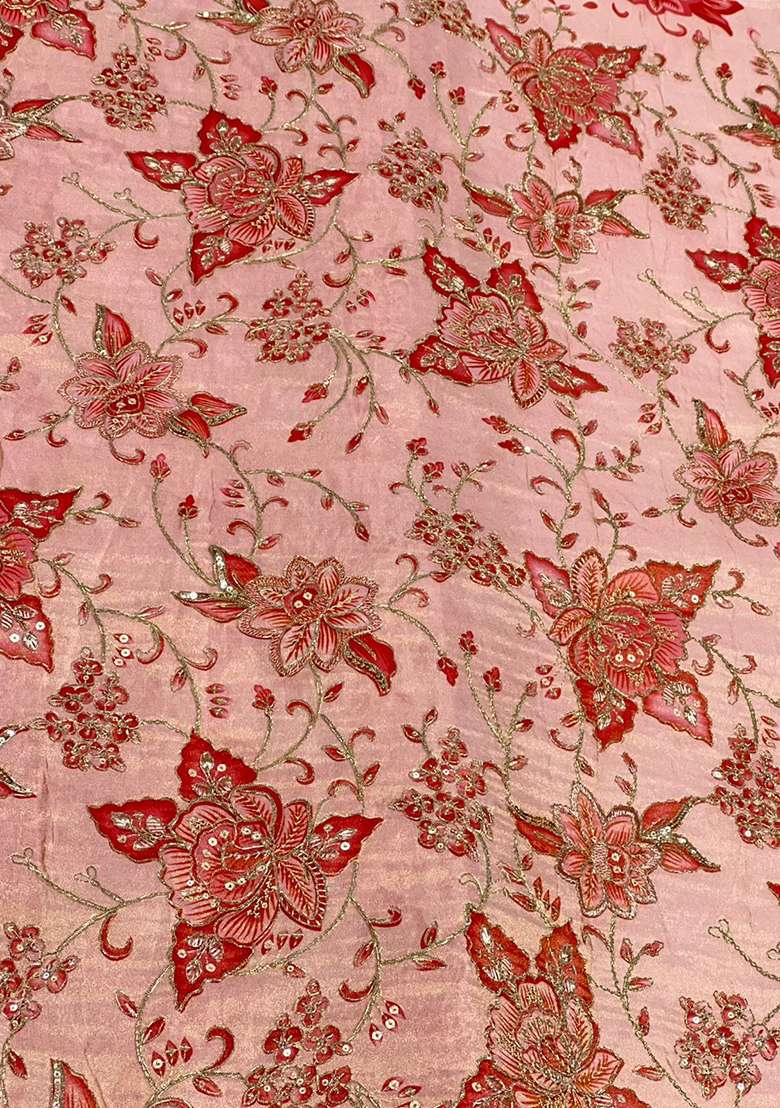 Soft Peach Embroidered Crepe Fusion Set - Indya