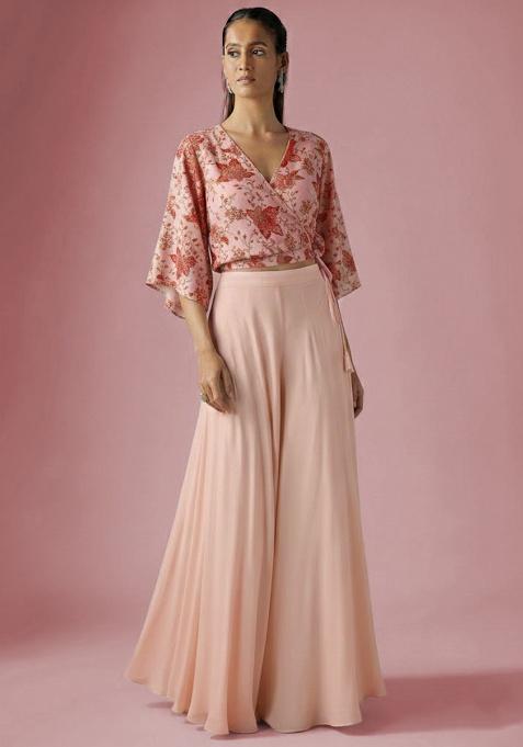 Soft Peach Embroidered Crepe Fusion Set