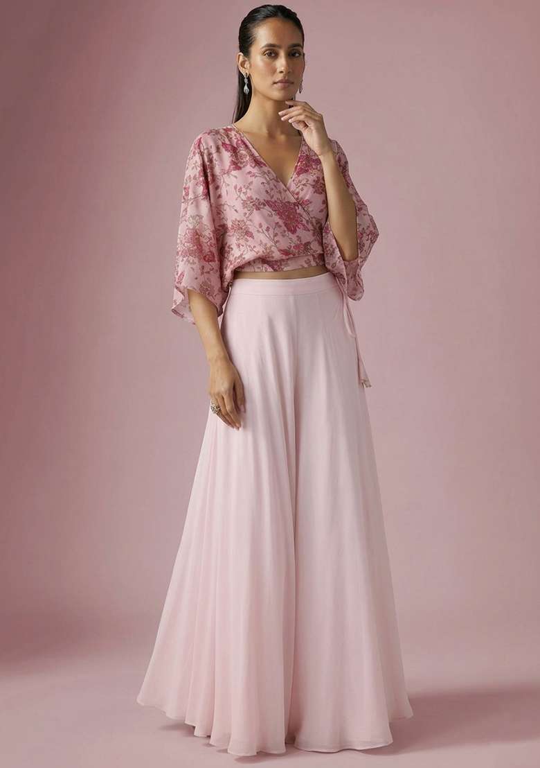Soft Pink Embroidered Crepe Fusion Set - Indya