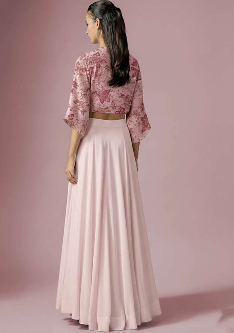 Soft Pink Embroidered Crepe Fusion Set - Indya