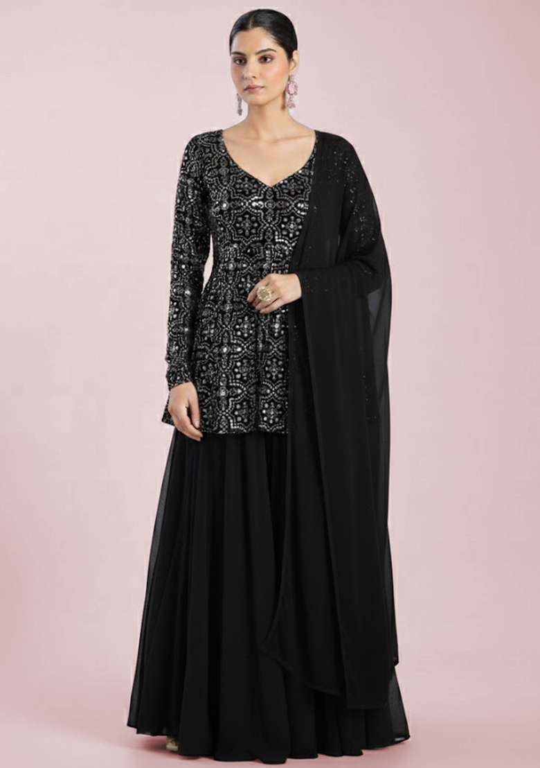Black Embroidered Net Sharara Set - Indya
