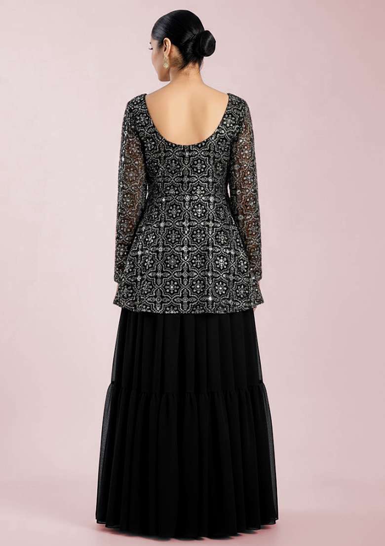 Black Embroidered Net Sharara Set - Indya