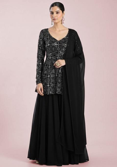 Black Embroidered Net Sharara Set