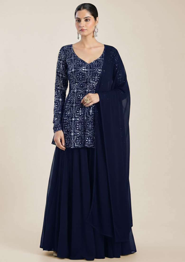 Blue Embroidered Net Sharara Set - Indya