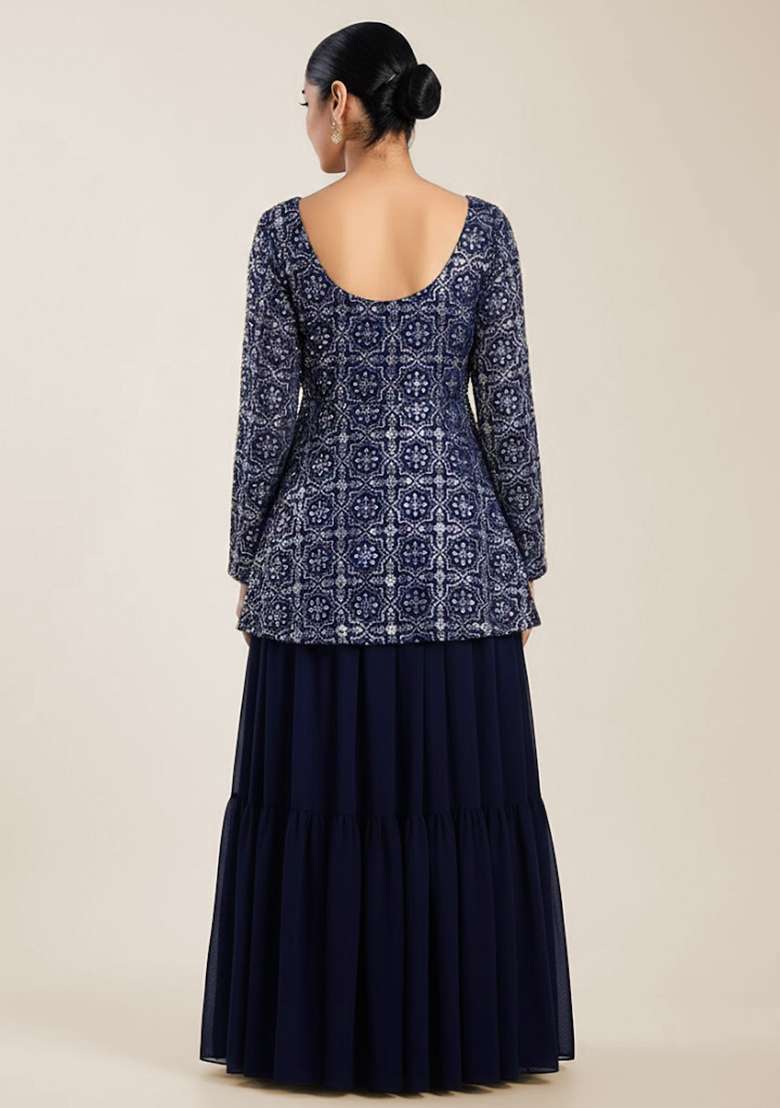 Blue Embroidered Net Sharara Set - Indya