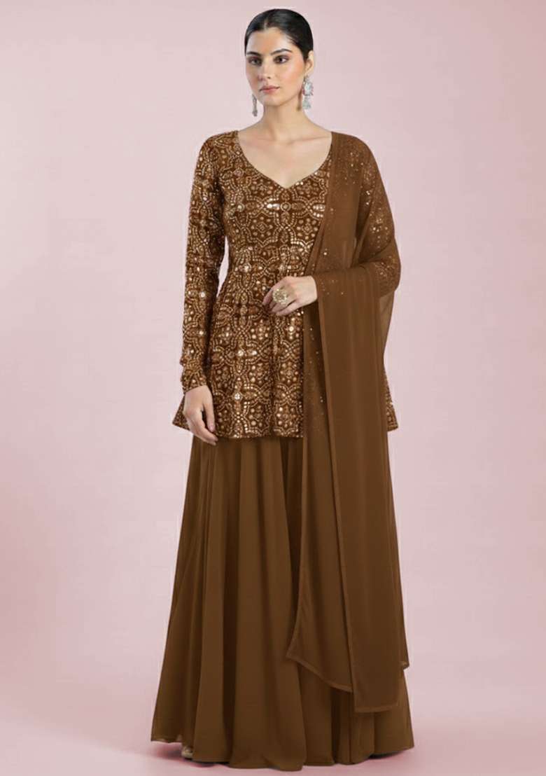 Brown Embroidered Net Sharara Set - Indya