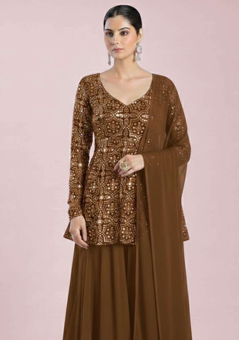 Brown Embroidered Net Sharara Set - Indya