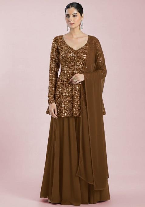 Brown Embroidered Net Sharara Set