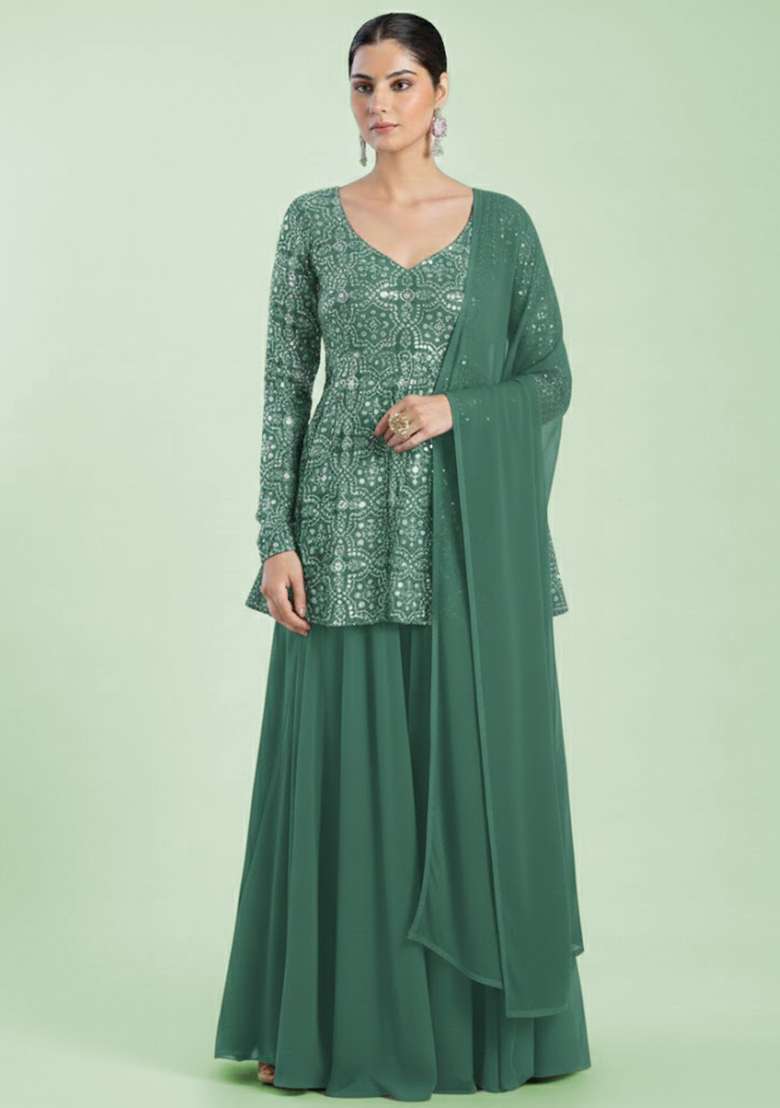 Teal Embroidered Net Sharara Set - Indya