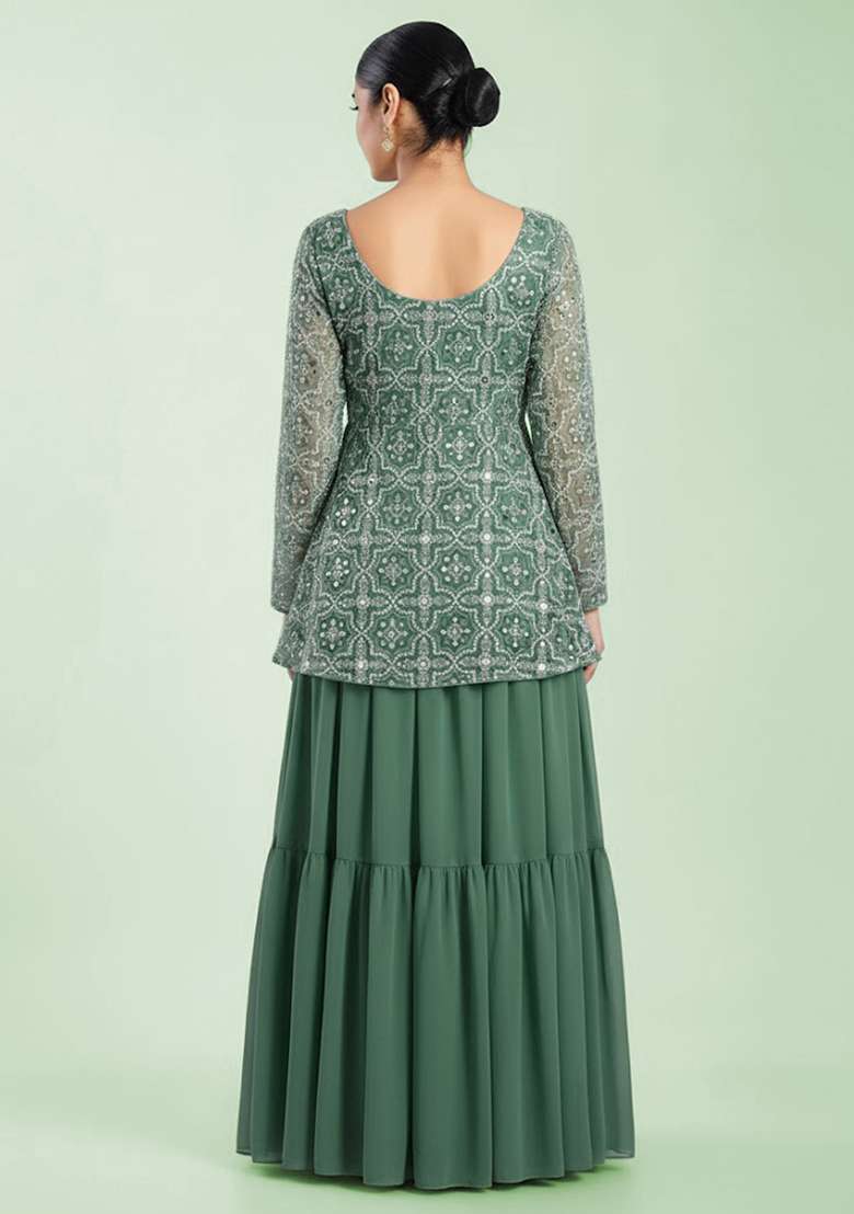 Teal Embroidered Net Sharara Set - Indya