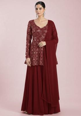 Red Embroidered Net Sharara Set