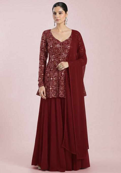 Red Embroidered Net Sharara Set