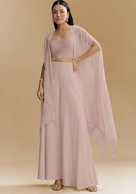 Dusty Pink Embroidered Crepe Lehenga Set