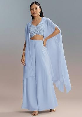Ice Blue Embroidered Crepe Lehenga Set