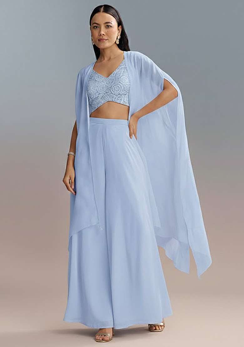 Ice Blue Embroidered Crepe Lehenga Set - Indya