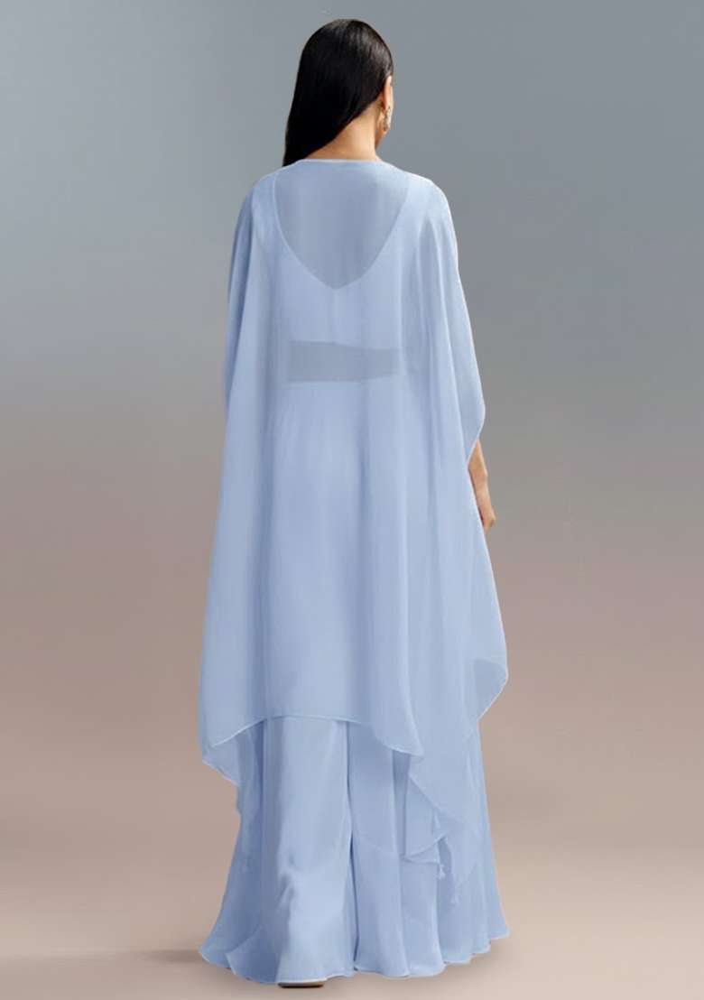 Ice Blue Embroidered Crepe Lehenga Set - Indya