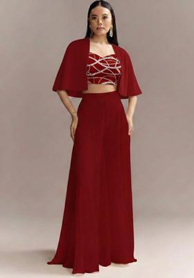 Red Embroidered Georgette Fusion Set