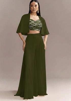 Olive Green Embroidered Georgette Fusion Set
