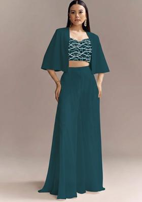 Teal Blue Embroidered Georgette Fusion Set