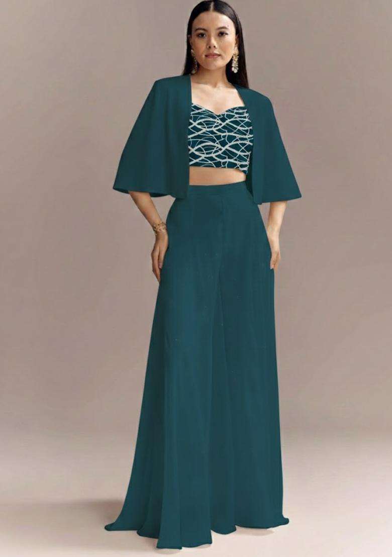 Teal Blue Embroidered Georgette Fusion Set - Indya