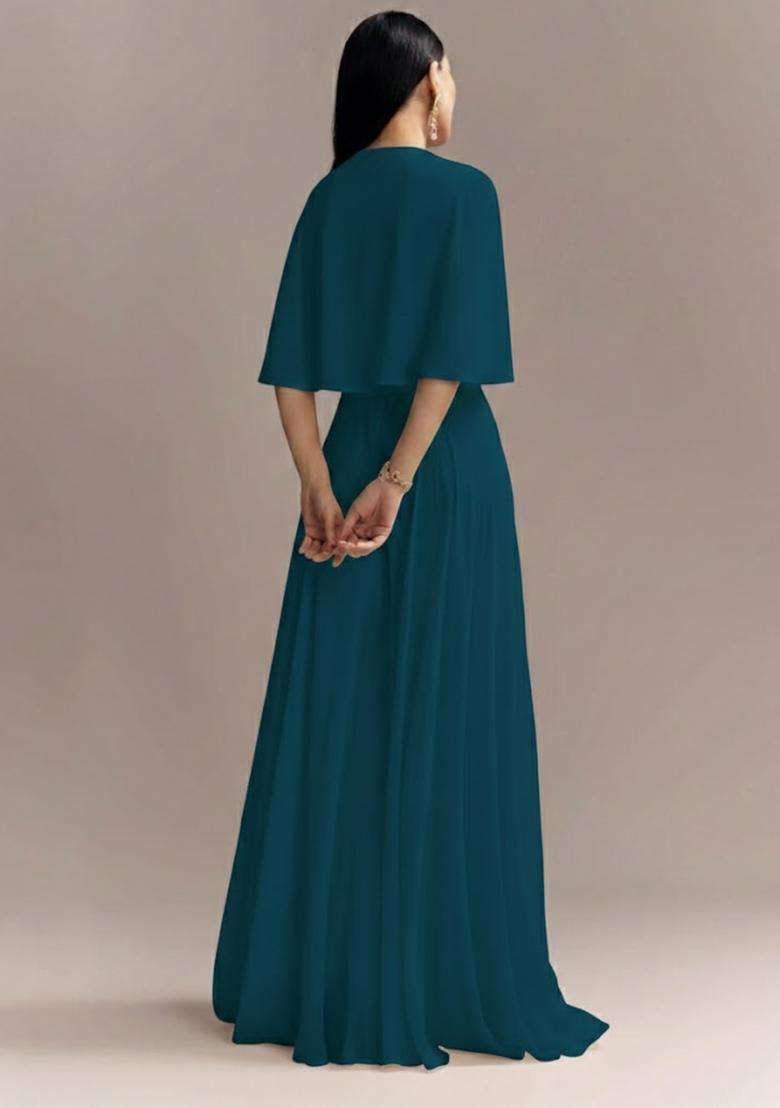 Teal Blue Embroidered Georgette Fusion Set - Indya