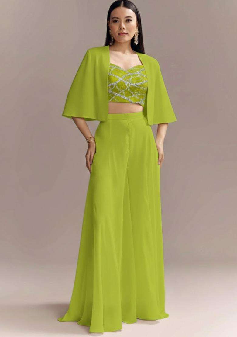 Lime Green Embroidered Georgette Fusion Set - Indya