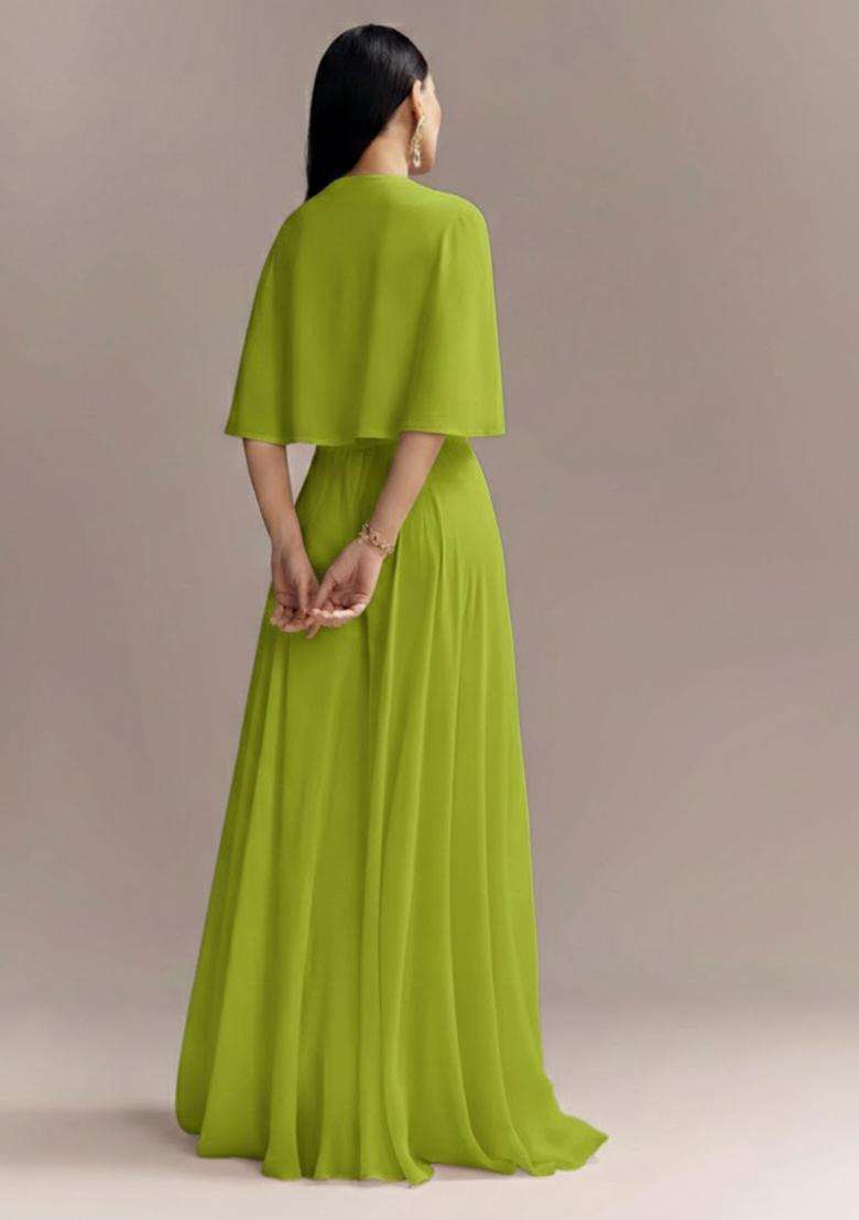 Lime Green Embroidered Georgette Fusion Set - Indya