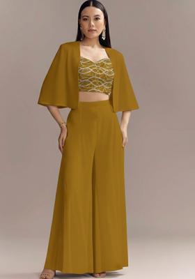 Olive Green Embroidered Georgette Fusion Set