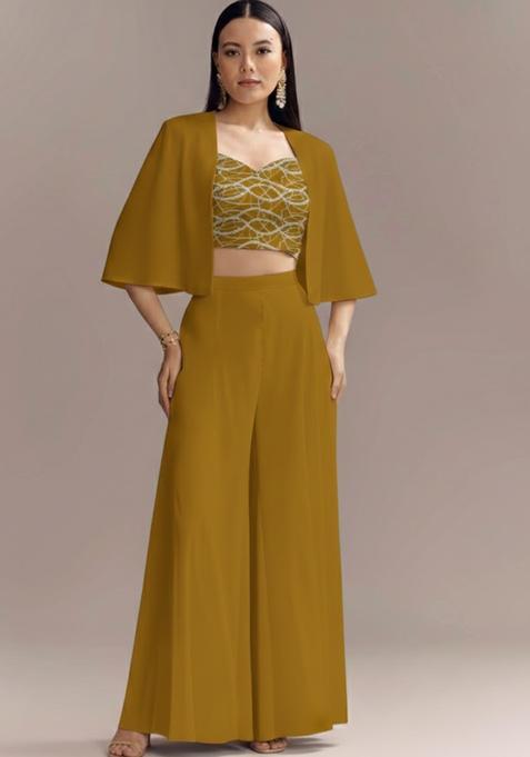 Olive Green Embroidered Georgette Fusion Set