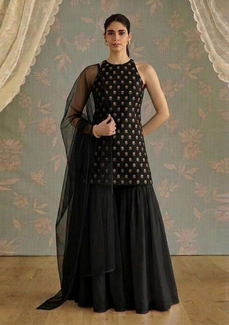 Black Chanderi Sharara Set - Indya