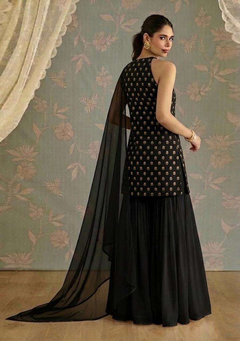 Black Chanderi Sharara Set - Indya