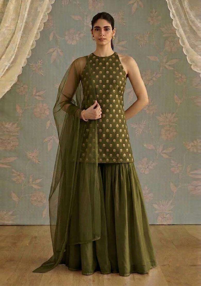 Olive Chanderi Sharara Set - Indya