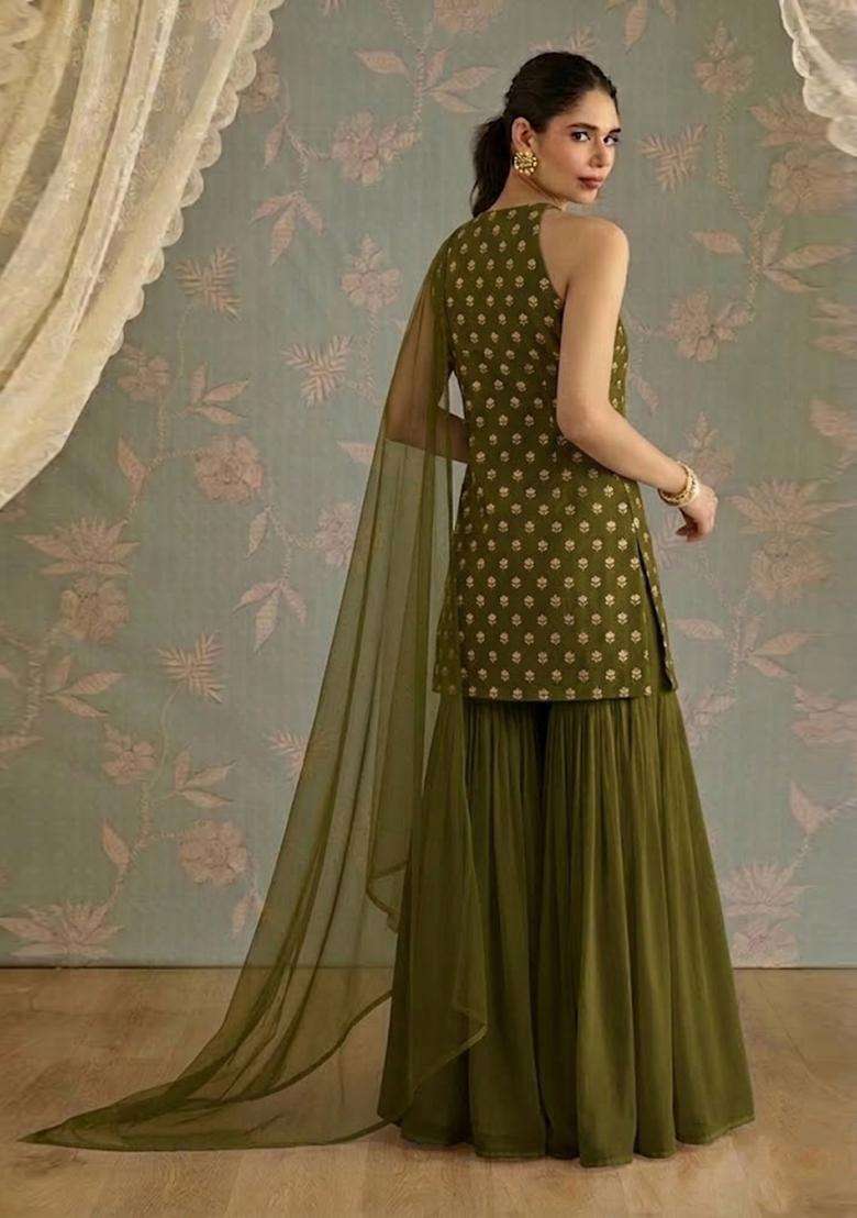 Olive Chanderi Sharara Set - Indya