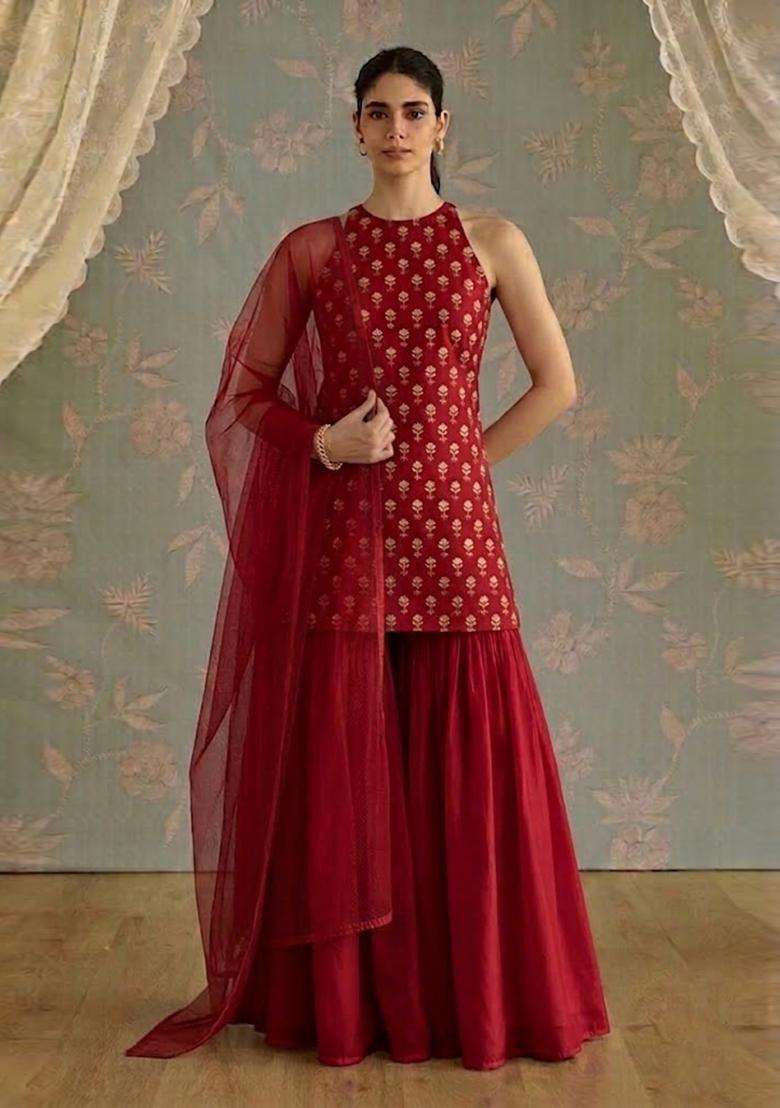 Red Chanderi Sharara Set - Indya