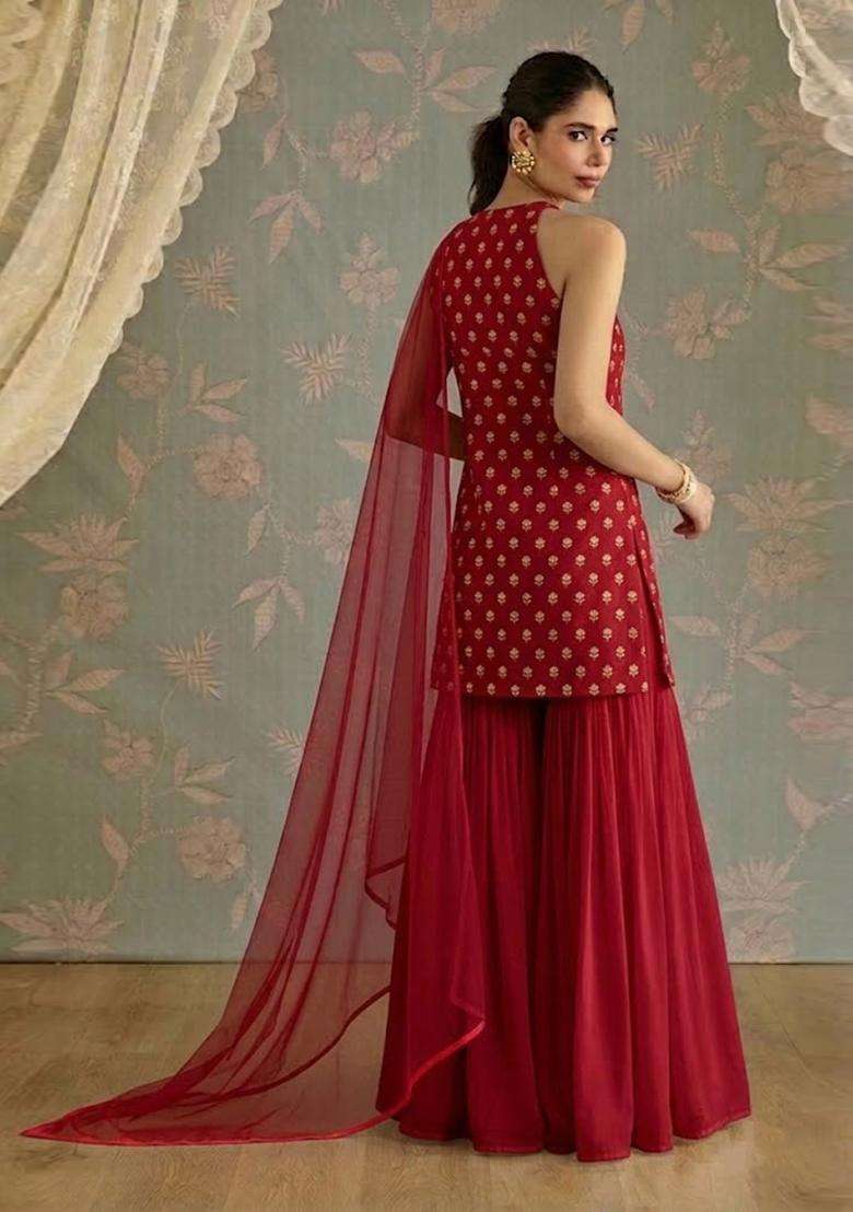 Red Chanderi Sharara Set - Indya