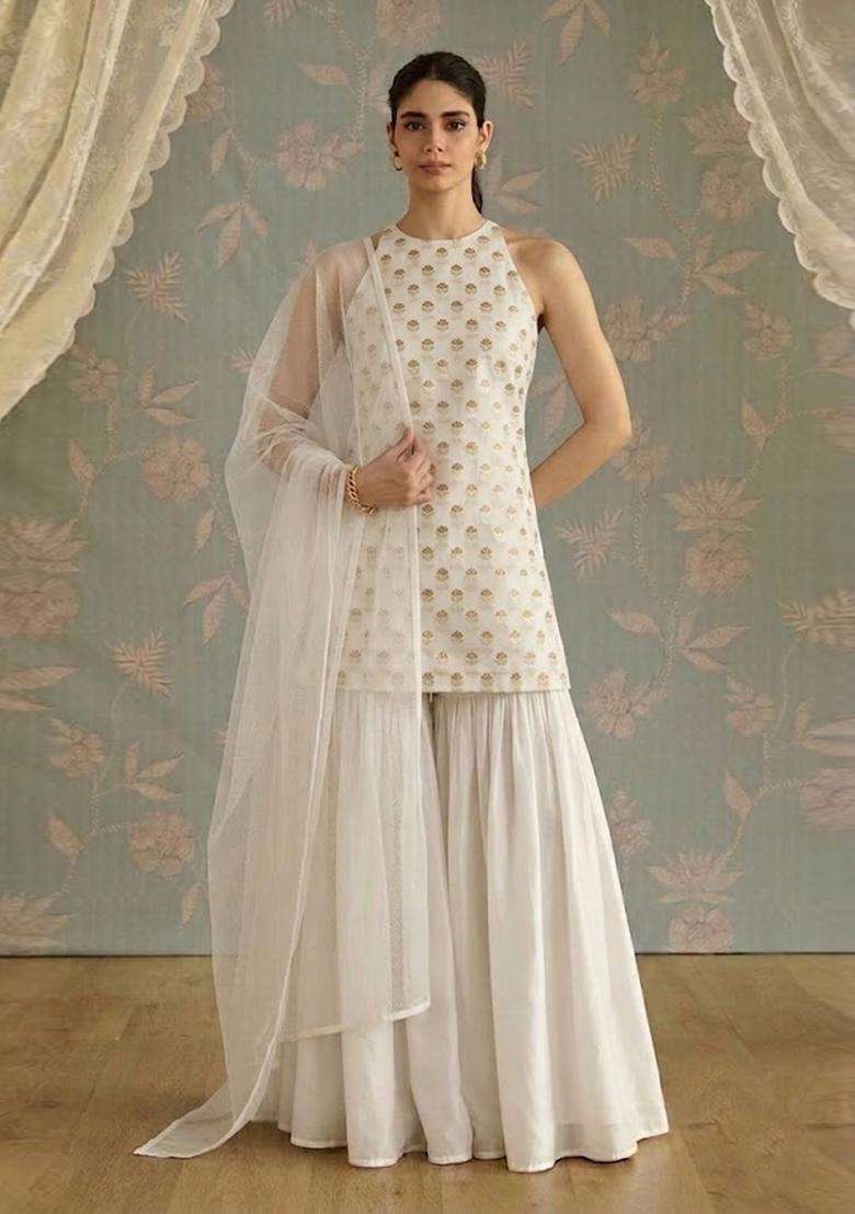 White Chanderi Sharara Set - Indya