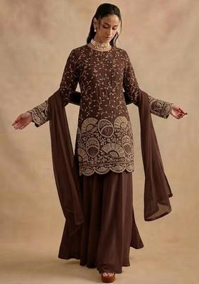 Chocolate Brown Embroidered Crepe Sharara Set