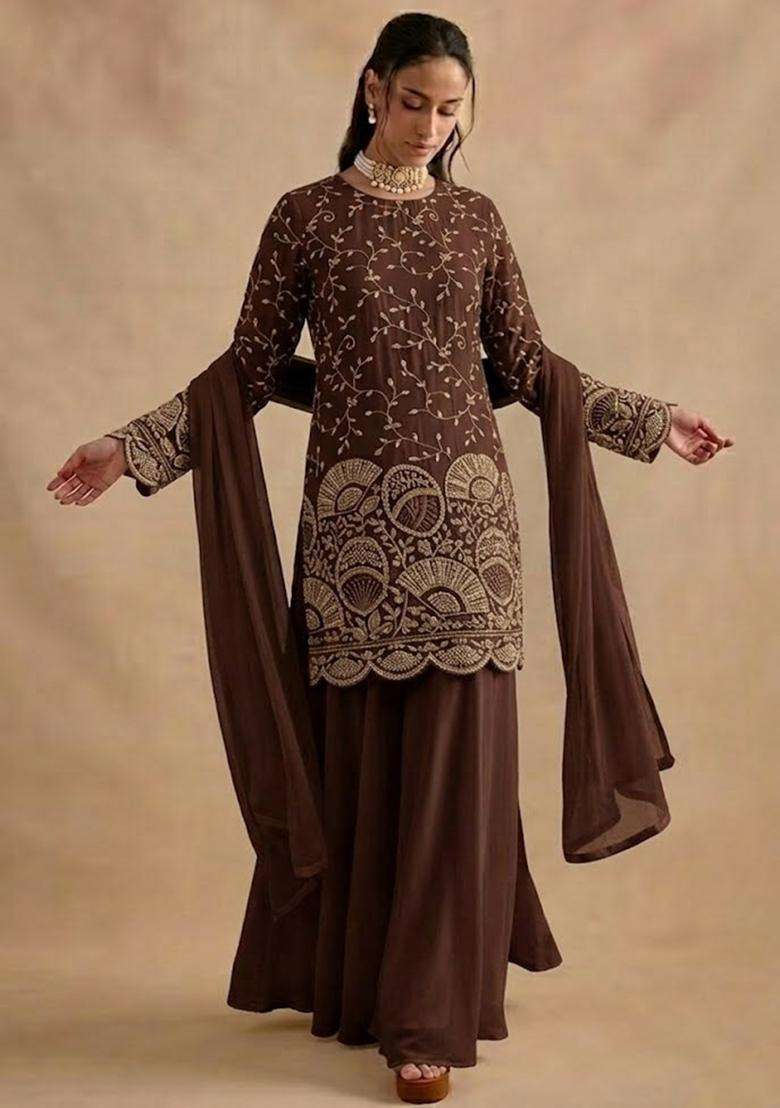 Chocolate Brown Embroidered Crepe Sharara Set - Indya