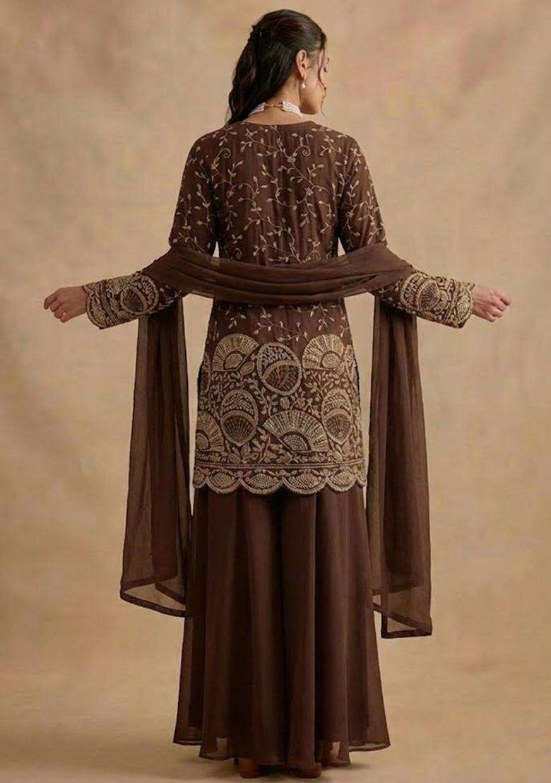 Chocolate Brown Embroidered Crepe Sharara Set - Indya