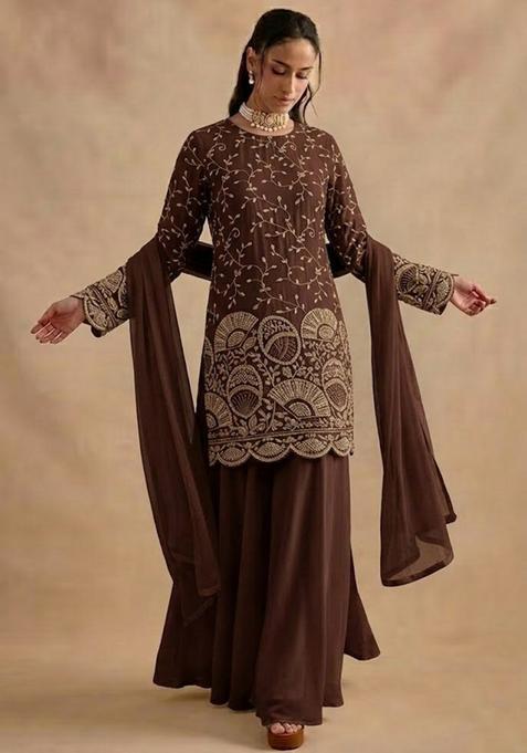 Chocolate Brown Embroidered Crepe Sharara Set