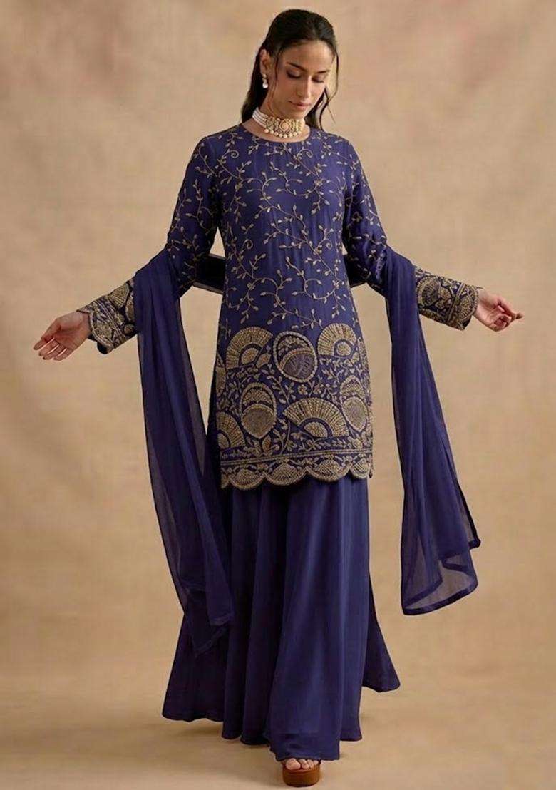 Purple Embroidered Crepe Sharara Set - Indya