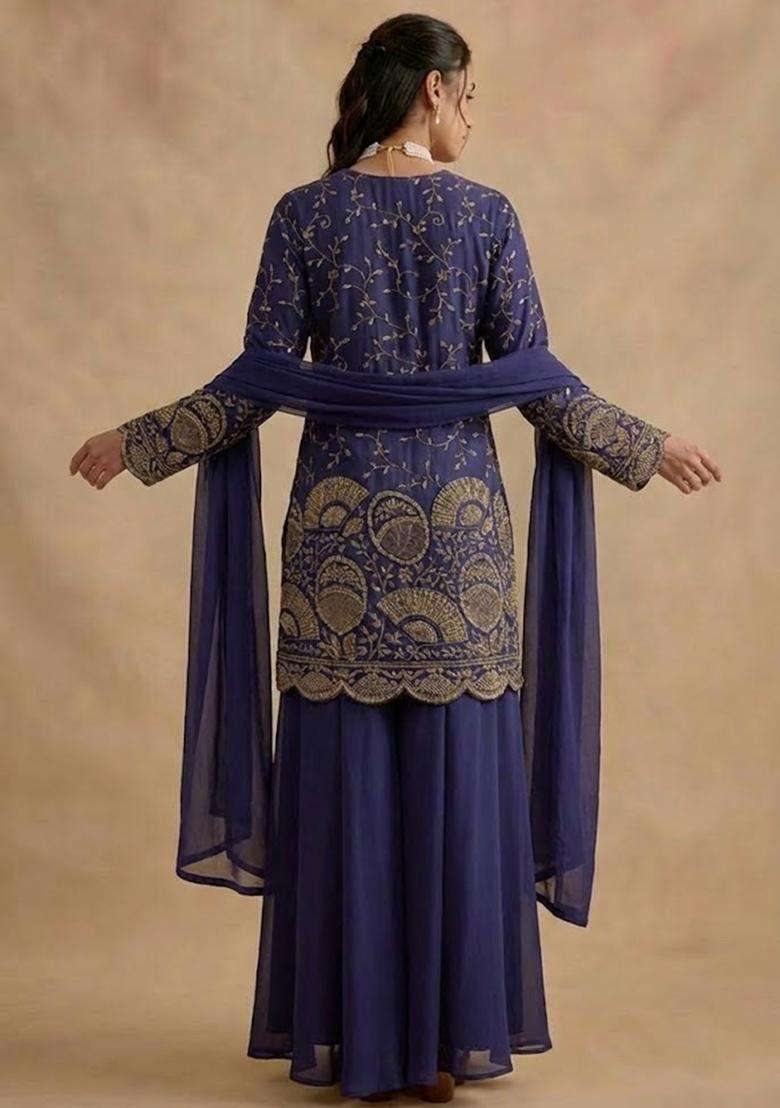 Purple Embroidered Crepe Sharara Set - Indya
